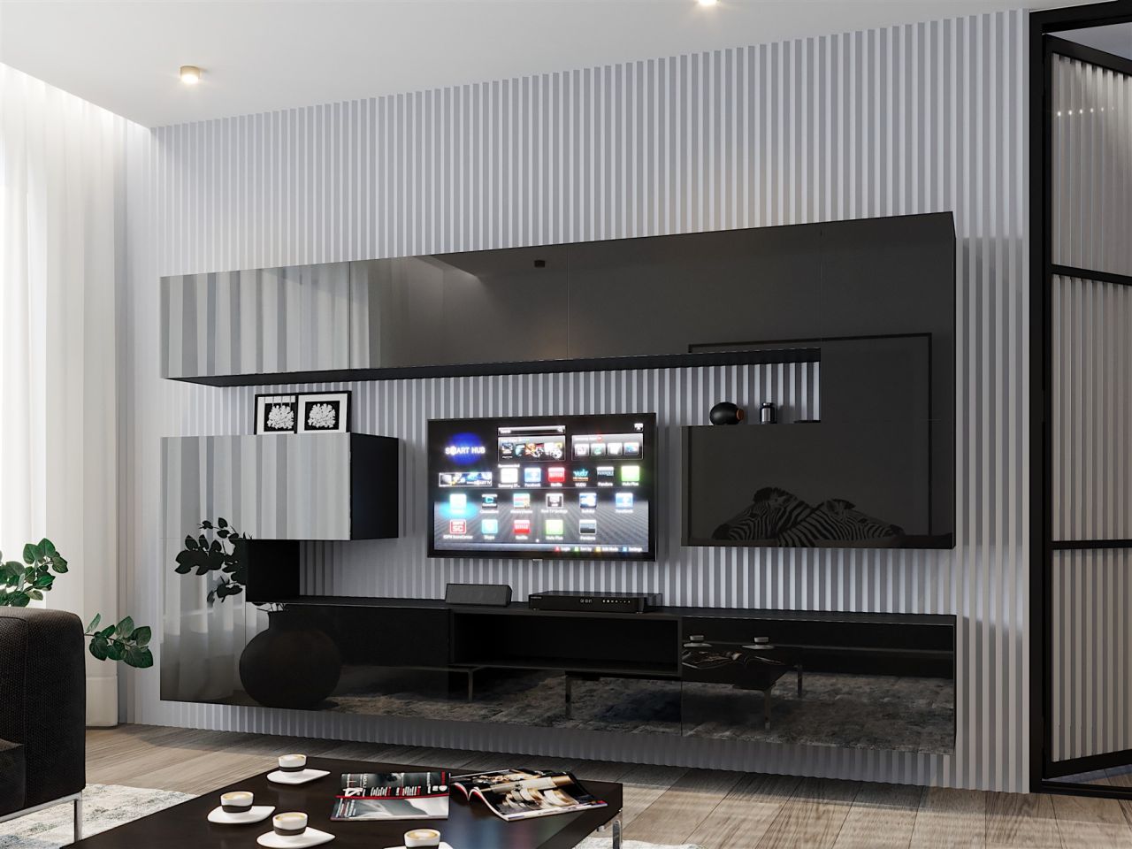 Mediawand Wohnwand 10 tlg - NEXI XL 15 - Schwarz Hochglanz