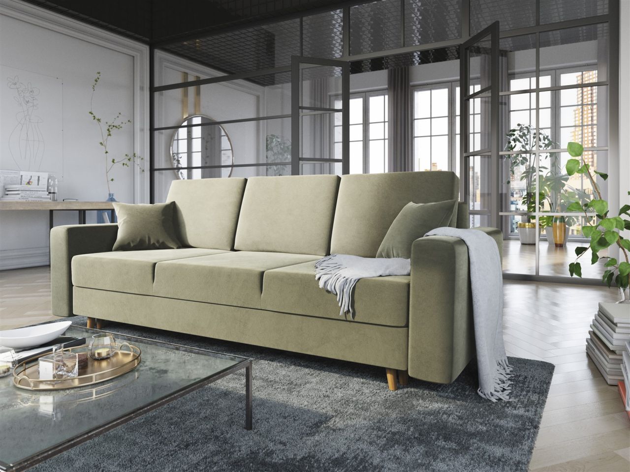 Sofa 3-Sitzer CARDE mit Schlaffunktion Olivgrün