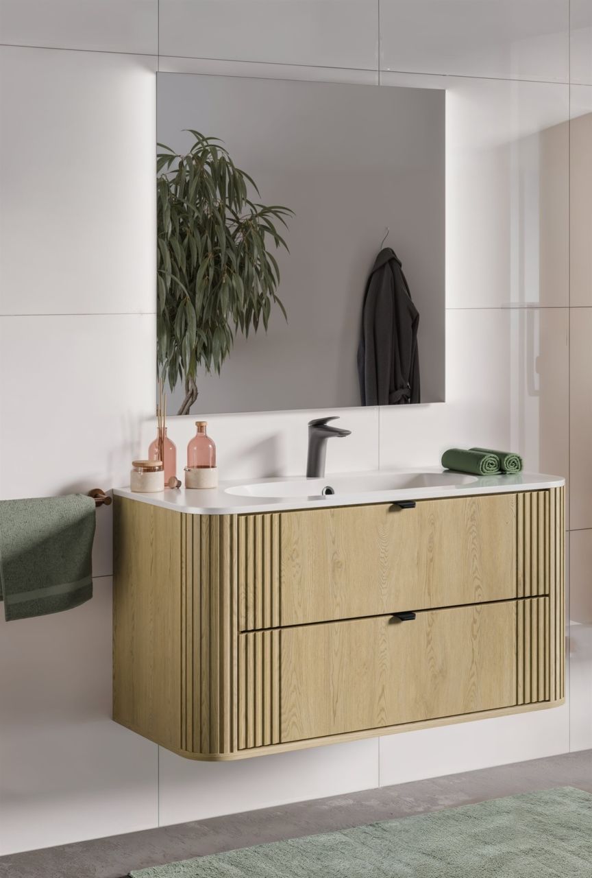 Badmöbel Set 2-tlg Badezimmerset WENDO Cremona Eiche Spiegel inkl. Waschtisch