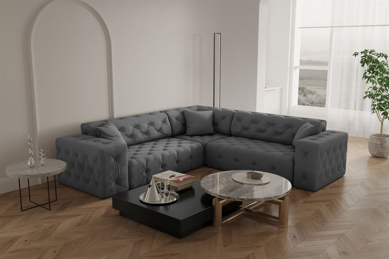 Ecksofa Designersofa CHANTAL in Stoff Opera Velvet Grau Seite Universal