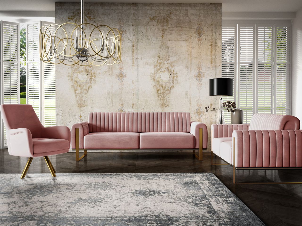 Sofaset Designersofas VALERIE 3-2-1 in Stoff Stoff Elisa Velvet Altrosa