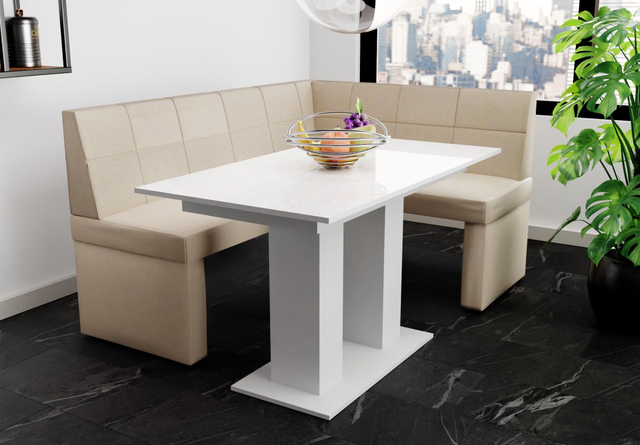 Eckbankgruppe 168x128 cm BLAKE L Stoff Soro Creme / Esstisch DANTE Weiß HGL