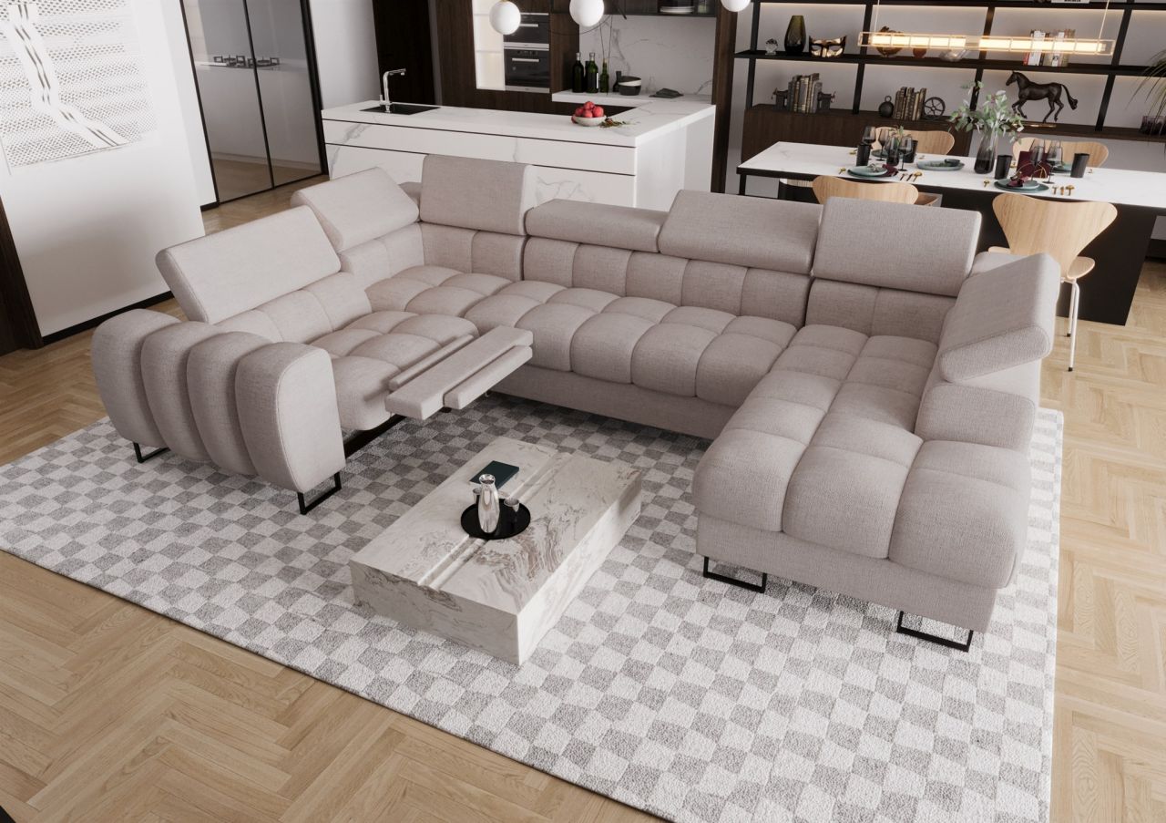 Wohnlandschaft Schlafsofa BASTIEN RELAX in Stoff Moly Hellgrau Ottomane Rechts