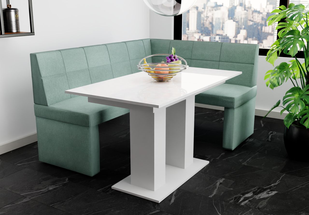 Eckbankgruppe 196x142 cm BLAKE XL L Stoff Soro Türkis / Esstisch DANTE Weiß HGL