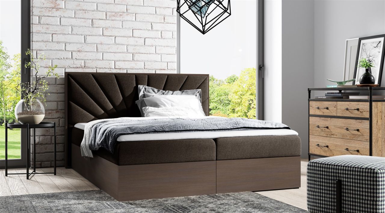 Boxspringbett Bett DAIMON 160x200cm Dunkel Eiche Stoff Braun inkl. Bettkasten