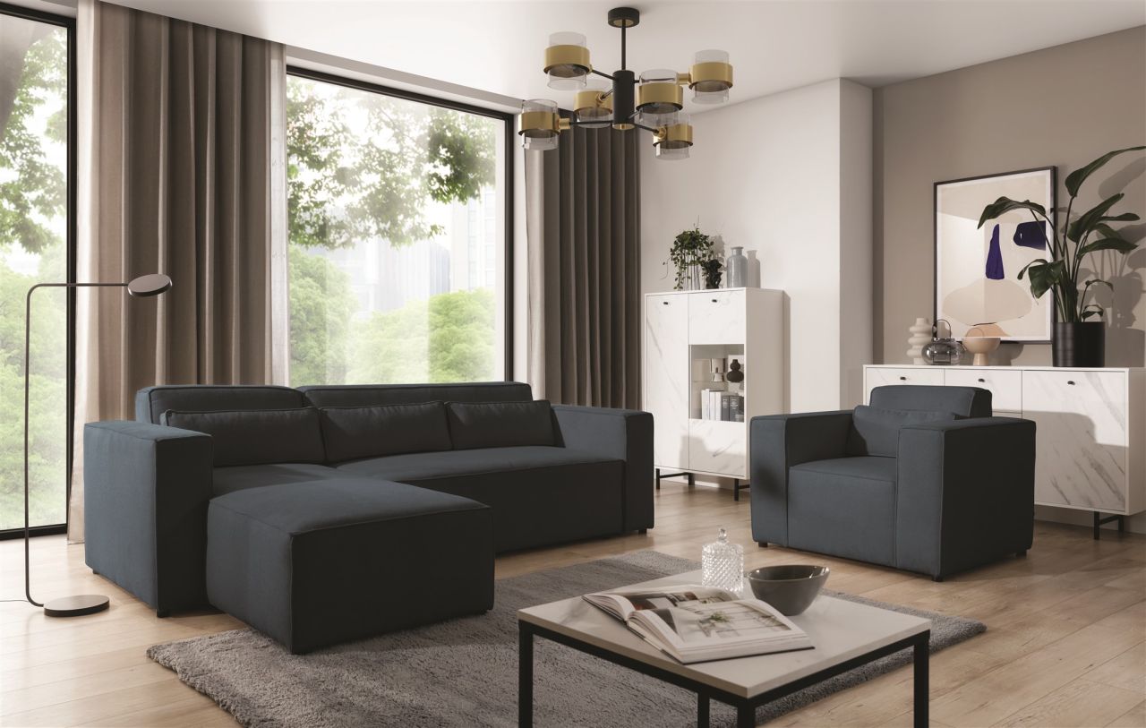 Ecksofa Schlafsofa inkl. Sessel WALDO Stoff Brooklyn Meeresblau Ottomane Links