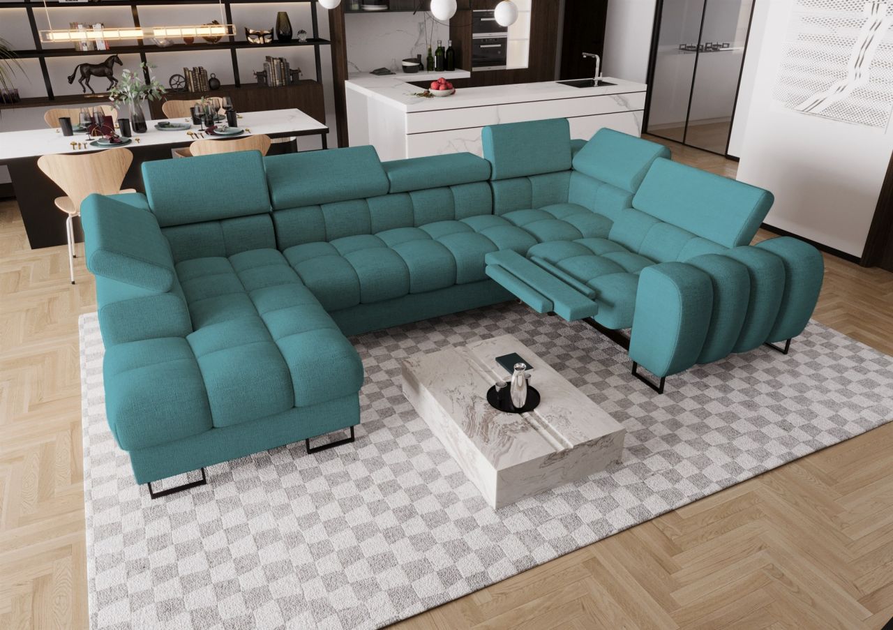 Wohnlandschaft Schlafsofa BASTIEN RELAX in Stoff Moly Türkis Ottomane Links