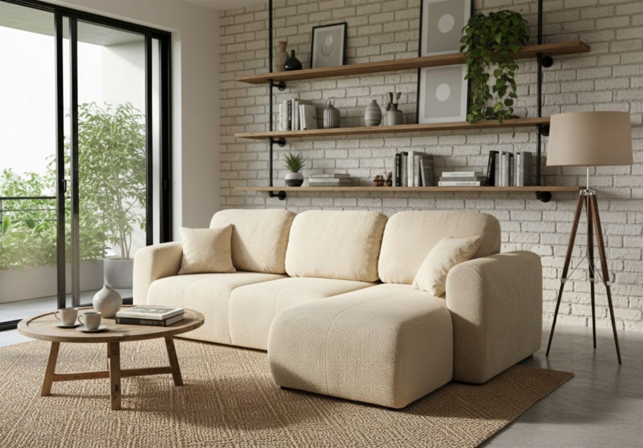 Ecksofa mit Schlaffunktion BRUSK Sofa in Stoff Pop Creme Ottomane Rechts