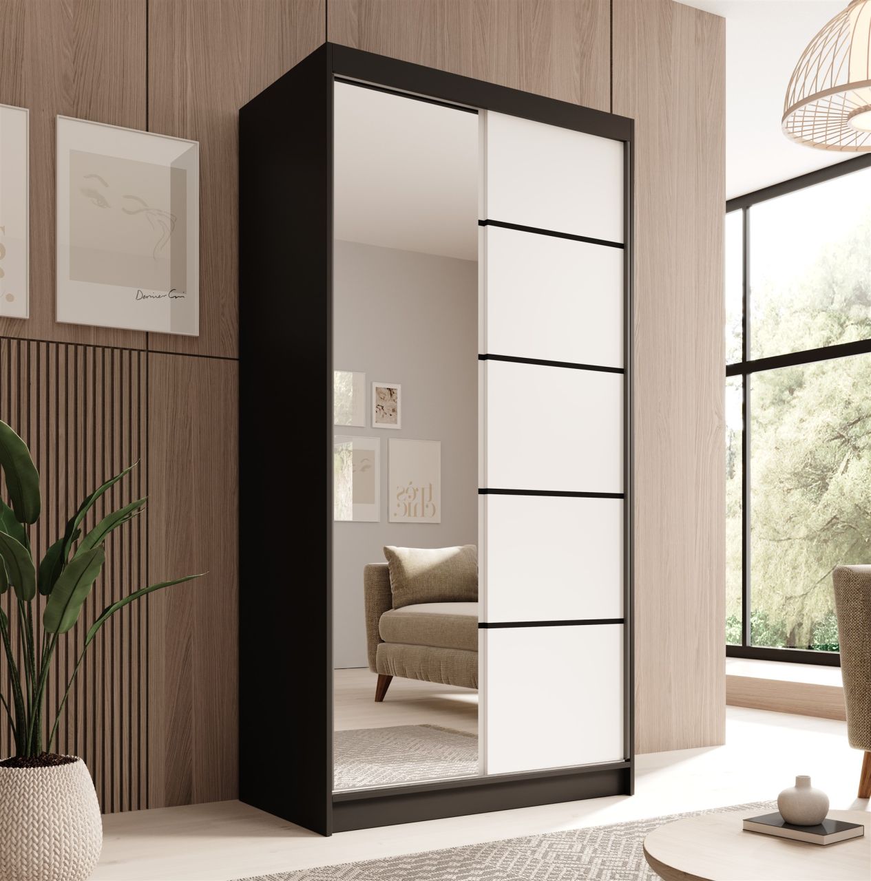 Schiebetürenschrank Schrank Nr.120 in Schwarz- Weiß matt 100x200x58 cm