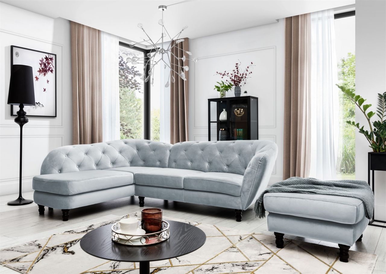 Ecksofa inkl.Hocker CHARLOTTE in Stoff Matt Velvet Hellgrau Ottomane Links