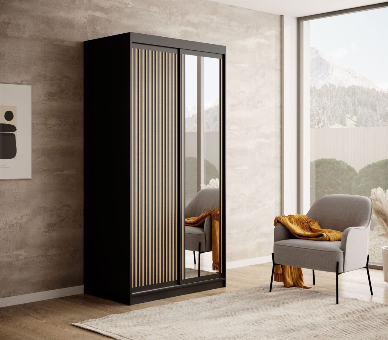 Schiebetürenschrank Schrank FABO in Schwarz matt- Artisan Eiche 100x205x60 cm