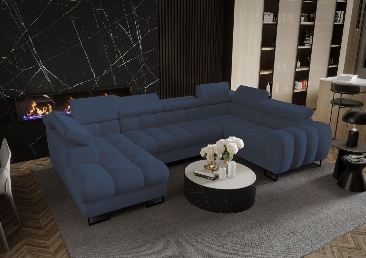Wohnlandschaft Schlafsofa BASTIEN in Stoff Terra Blau Ottomane Links