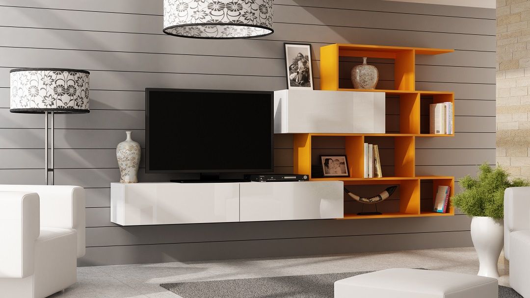 Mediawand Wohnwand 3 tlg - SKY - Weiss HGL / Orange