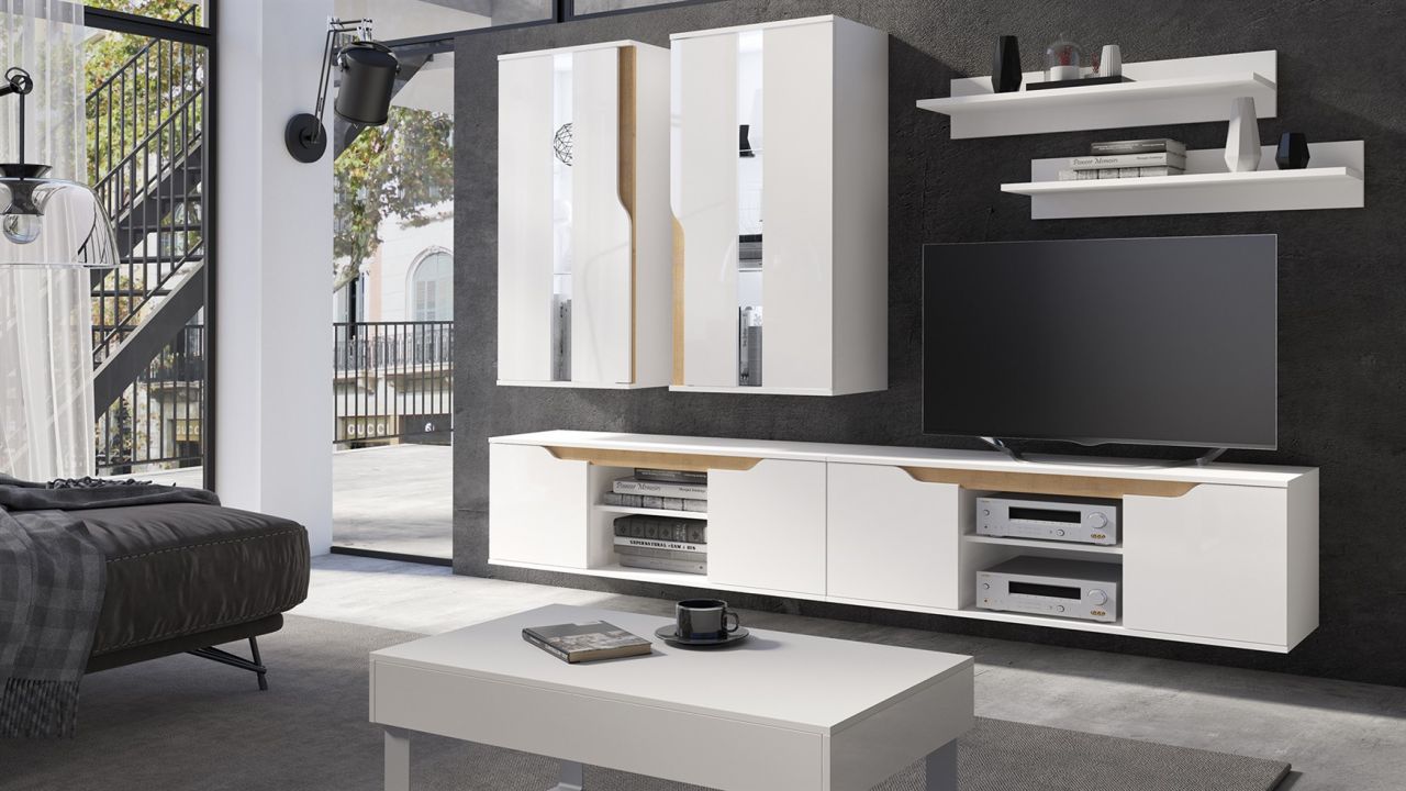 Mediawand Wohnwand 6 tlg DALLAS Weiss Hochglanz / Eiche