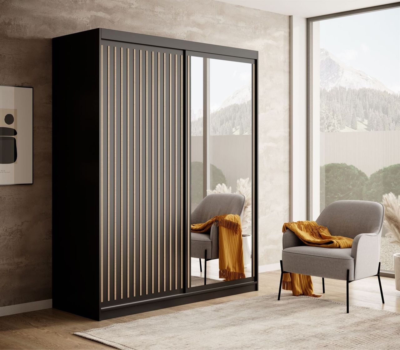 Schiebetürenschrank Schrank FABO in Schwarz matt- Artisan Eiche 160x205x60 cm