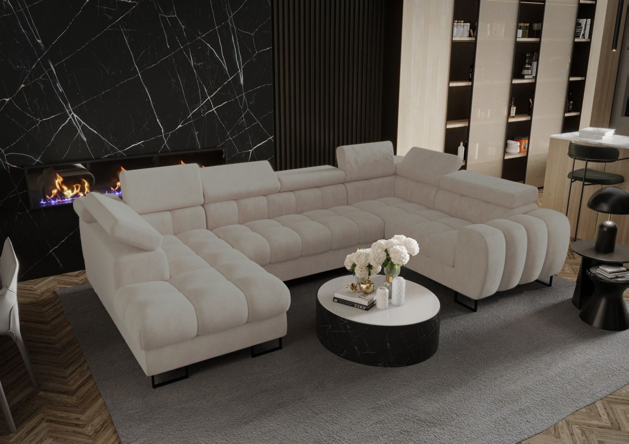 Wohnlandschaft Schlafsofa BASTIEN in Stoff Terra Beige Ottomane Links