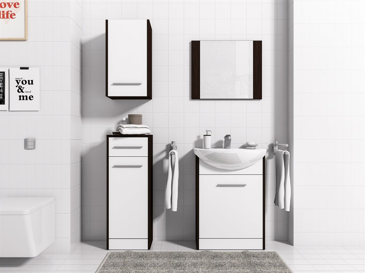 Badmöbel Set 5-Tlg Wenge / Weiss matt PERM inkl.Waschtisch