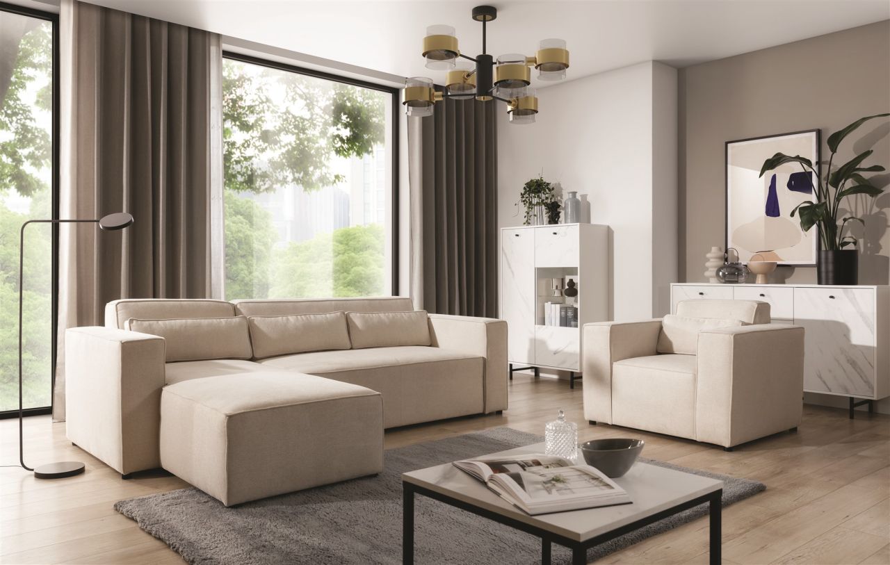 Ecksofa Schlafsofa inkl. Sessel WALDO Stoff Brooklyn Pearl Ottomane Links