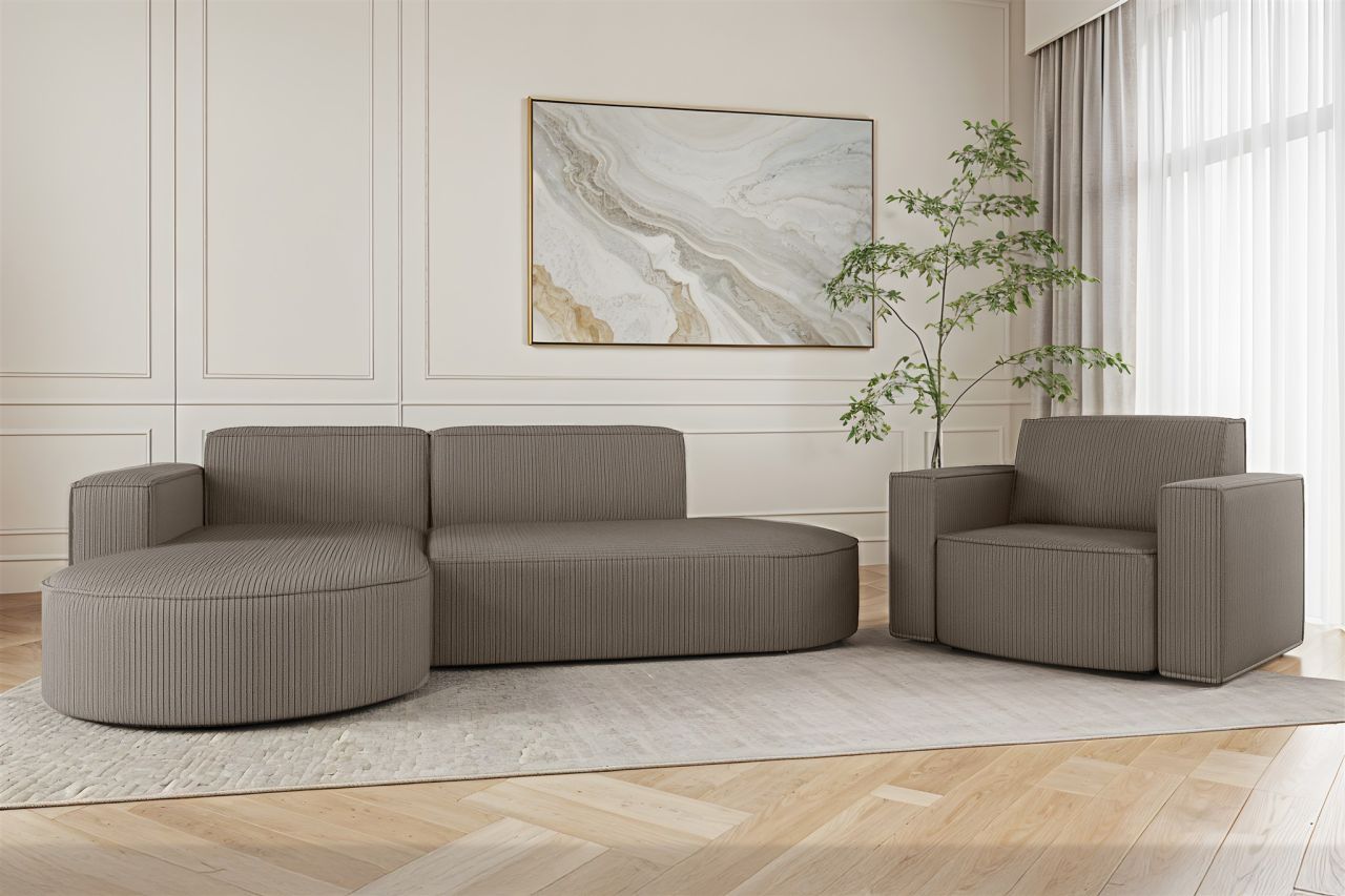 Sofa Set 2-teilig Sessel und Ecksofa PALMA XS Stoff Scala Grau Ottomane Links