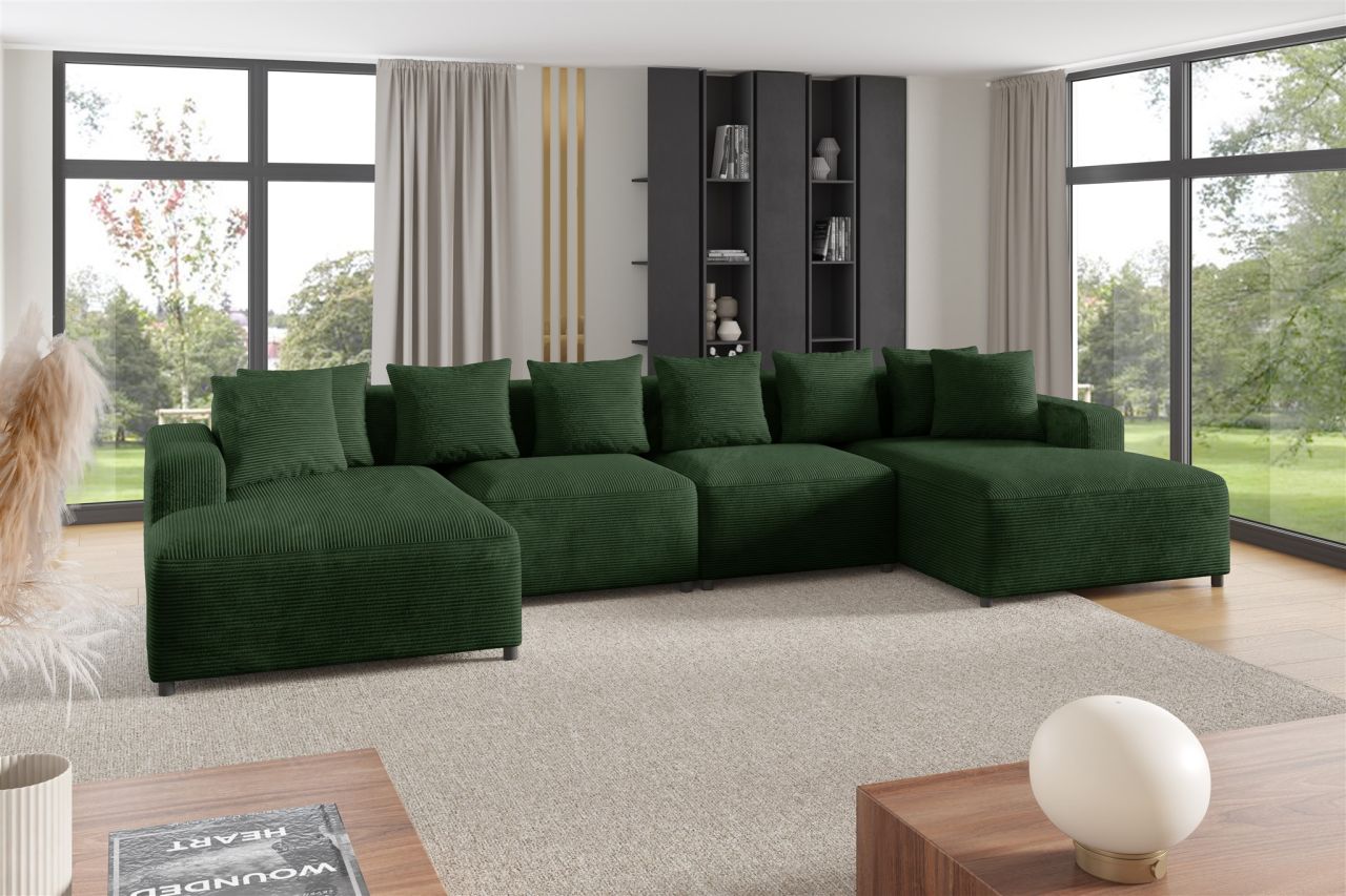 Wohnlandschaft Sofa U-Form Designersofa MEGAN in Stoff Poso Dunkelgrün