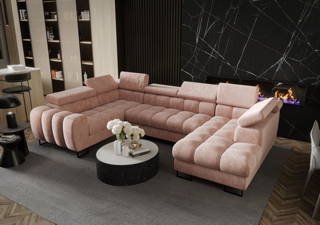 Wohnlandschaft Schlafsofa BASTIEN in Stoff Terra Puderrosa Ottomane Rechts