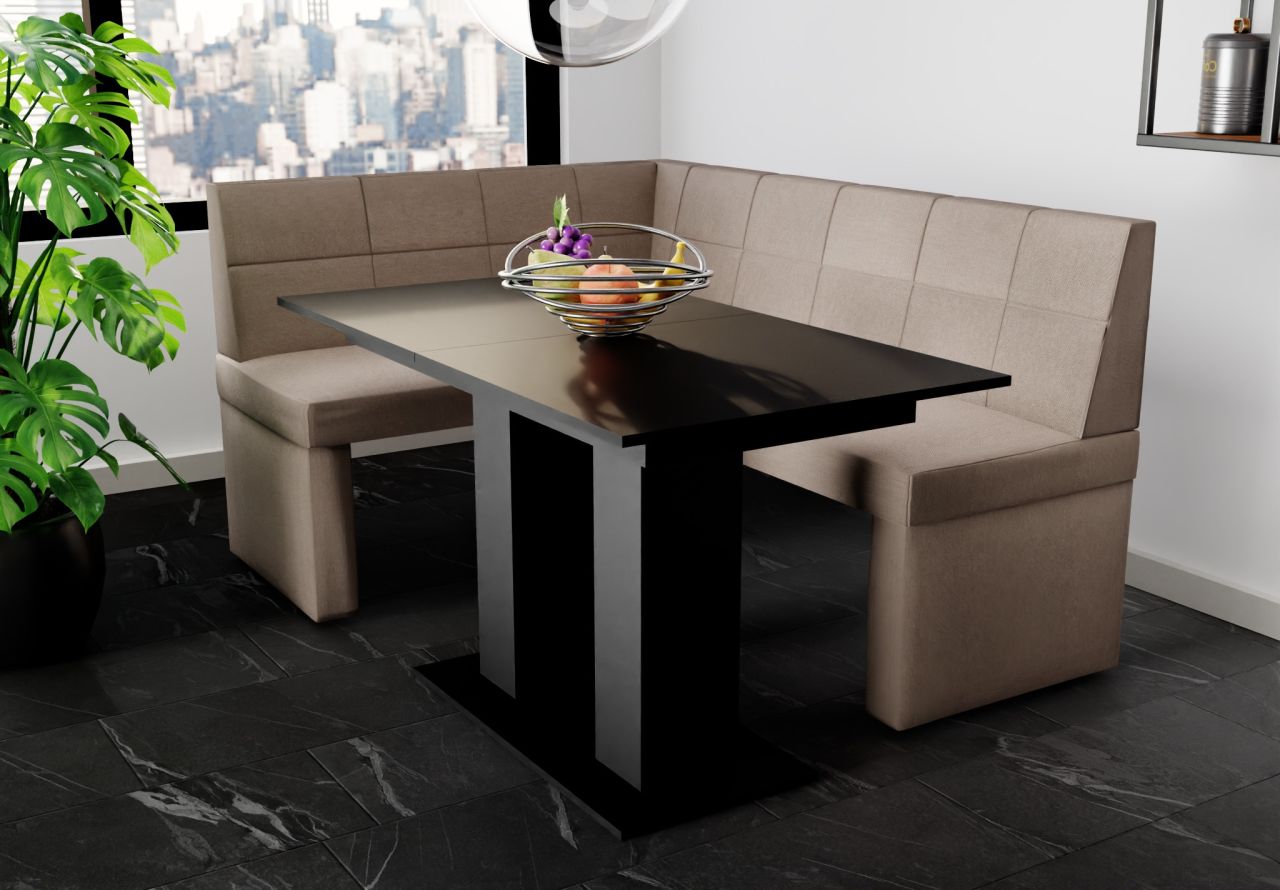Eckbankgruppe 168x128 cm BLAKE R Stoff Soro Taupe / Esstisch DANTE Schwarz