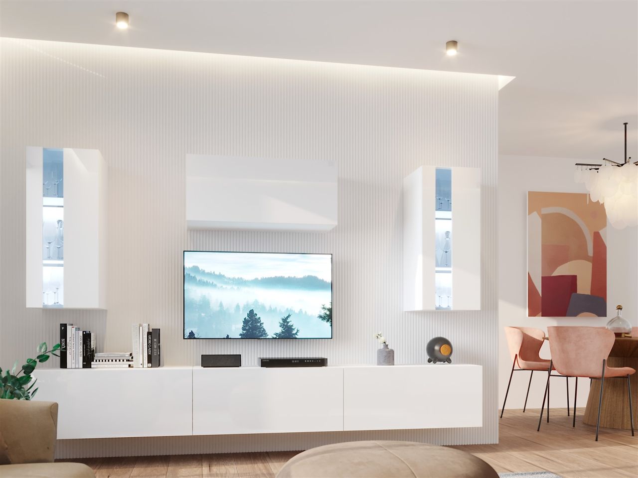 Mediawand Wohnwand 6 tlg - NEXI XL 27 - Weiss Hochglanz inkl. LED