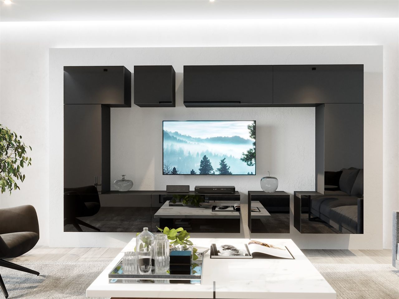 Mediawand Wohnwand 8 tlg - NEXI XL 32 - Schwarz Hochglanz