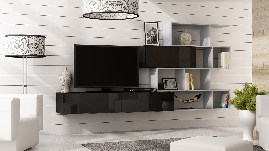 Mediawand Wohnwand 3 tlg - SKY - Schwarz HGL / Grau