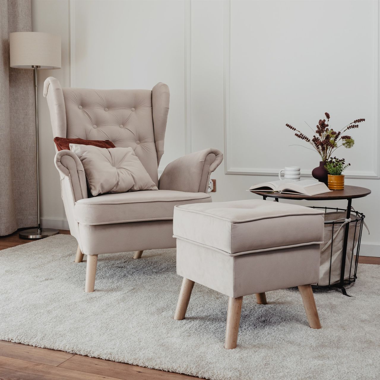 Sessel Ohrensessel ALISON inkl. Hocker in Stoff Trinity Beige