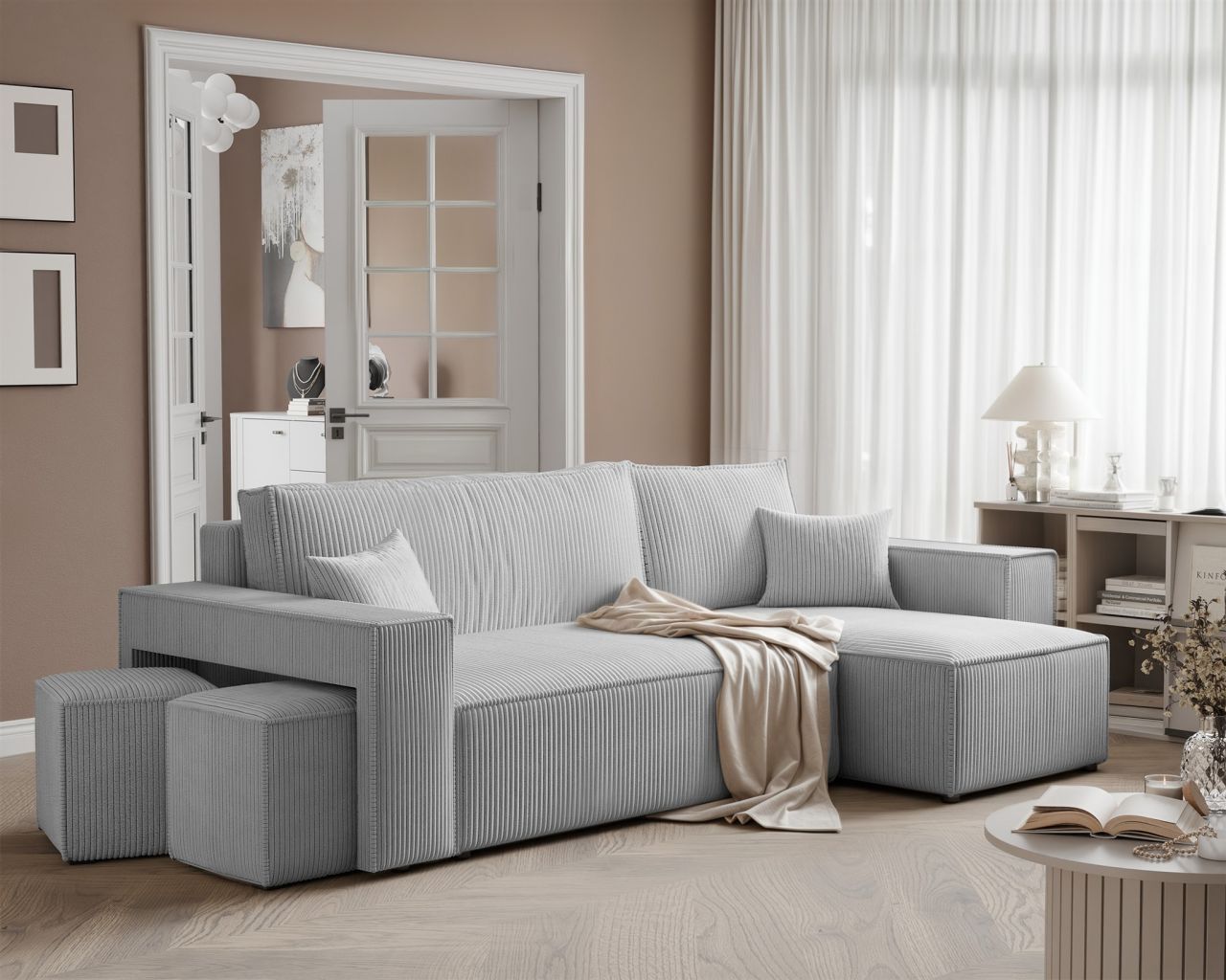 Ecksofa Schlafsofa Sofa ADARA inkl. Hocker Stoff Poso Hellgrau Ottomane Rechts