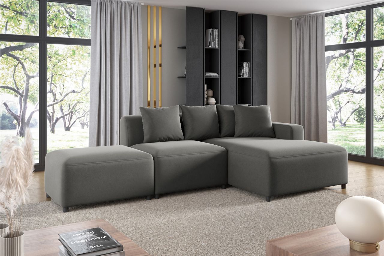 Ecksofa Designersofa MEGAN XS inkl. Hocker Stoff Salvador Grau Ottomane Rechts