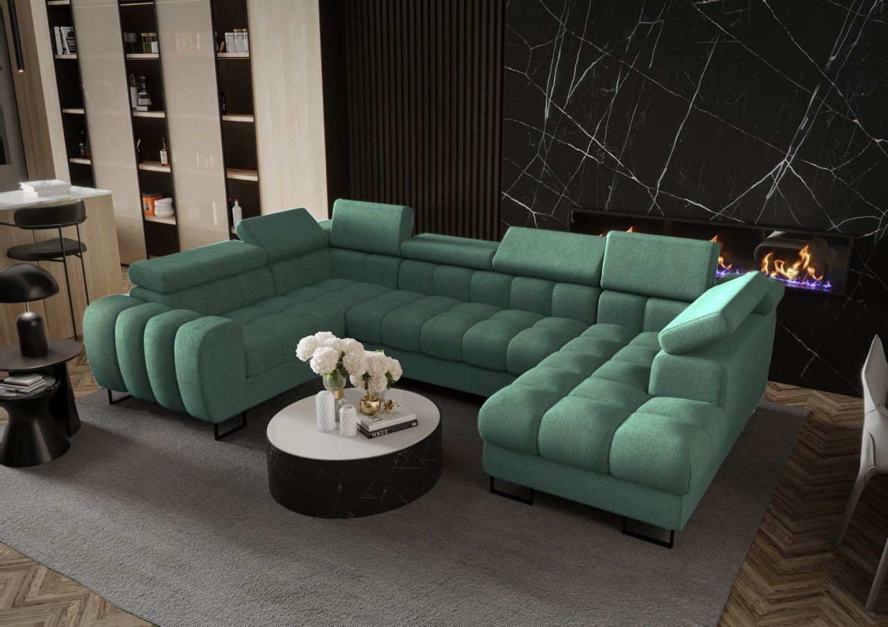 Wohnlandschaft Schlafsofa BASTIEN in Stoff Moly Grün Ottomane Rechts