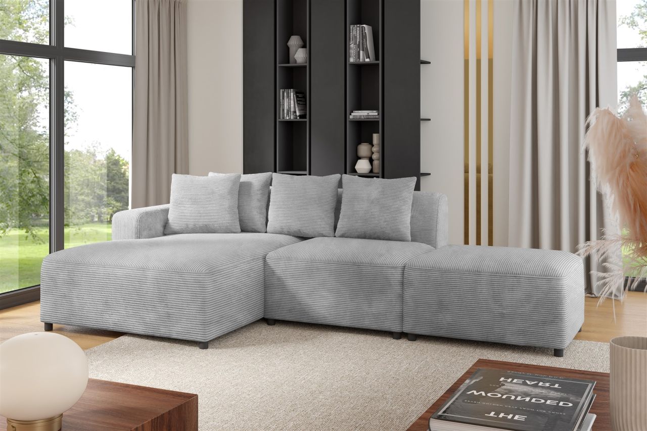 Ecksofa Designersofa MEGAN XS inkl. Hocker Stoff Poso Hellgrau Ottomane Links