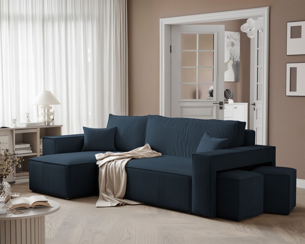 Ecksofa Schlafsofa Sofa ADARA inkl. Hocker Stoff Poso Blau Ottomane Links