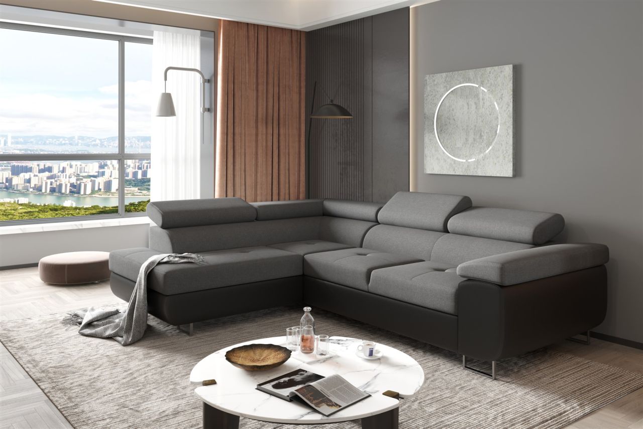 Couchgarnitur JADE Schwarz-Grau mit Schlaffunktion Ottomane Links