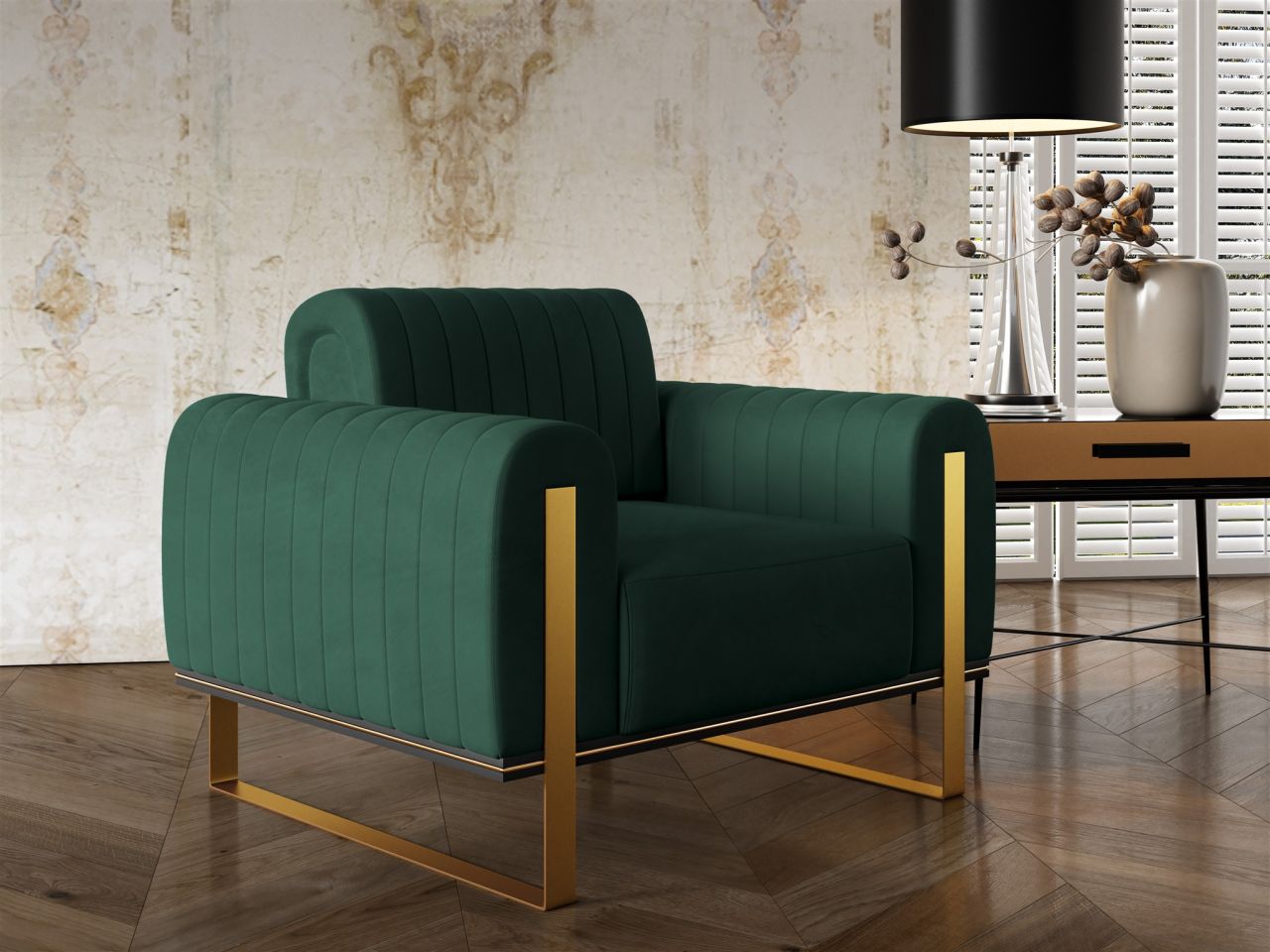 Sessel Designersessel VALERIE in Stoff Elisa Velvet Flaschengrün