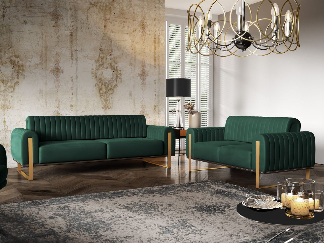 Sofaset Designersofas VALERIE 3-2 in Stoff Stoff Elisa Velvet Flaschengrün