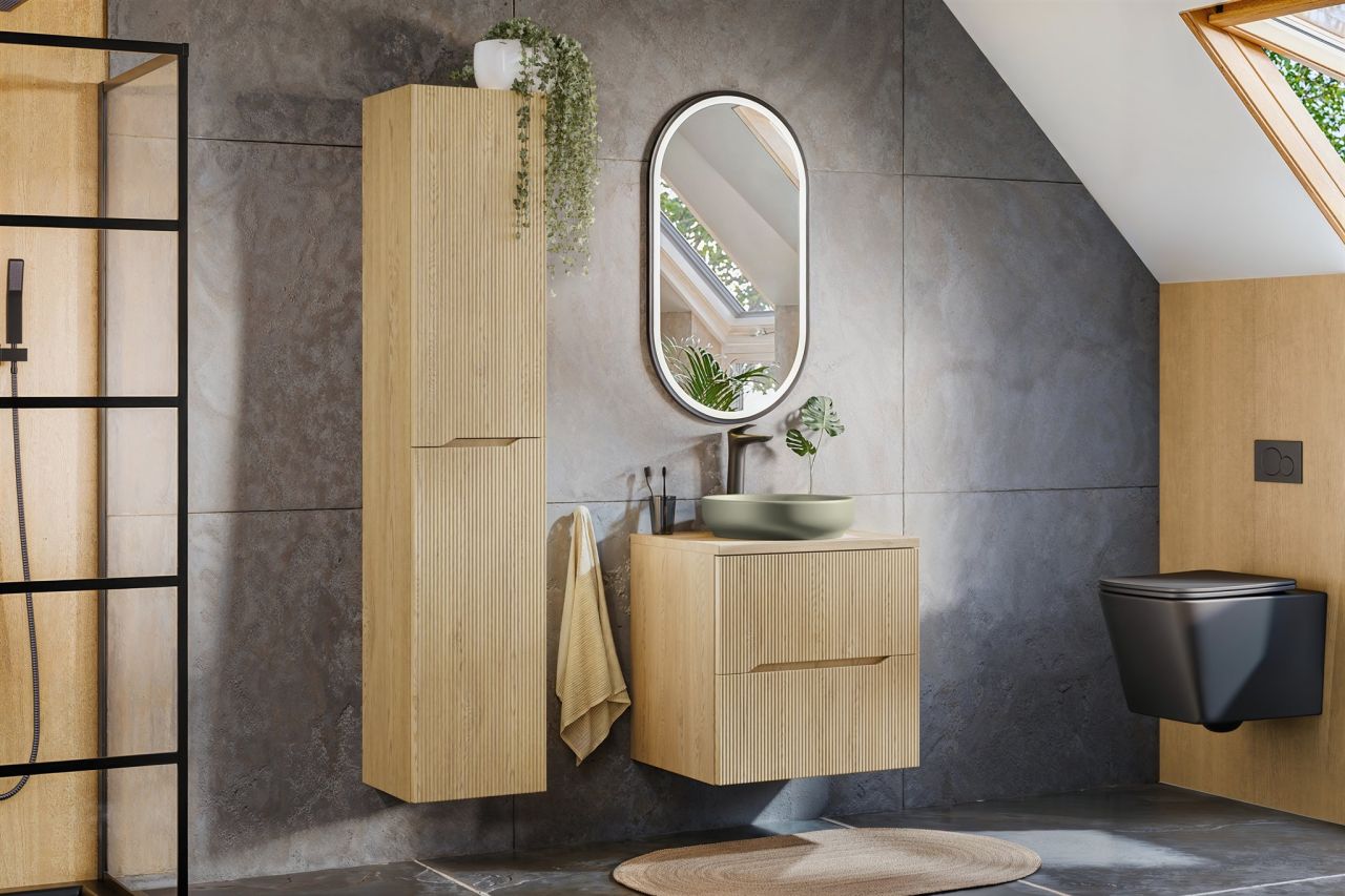 Badmöbel Set 3-tlg Badezimmerset AVOLI Cremona Eiche Spiegel 50cm ohne Wascht...