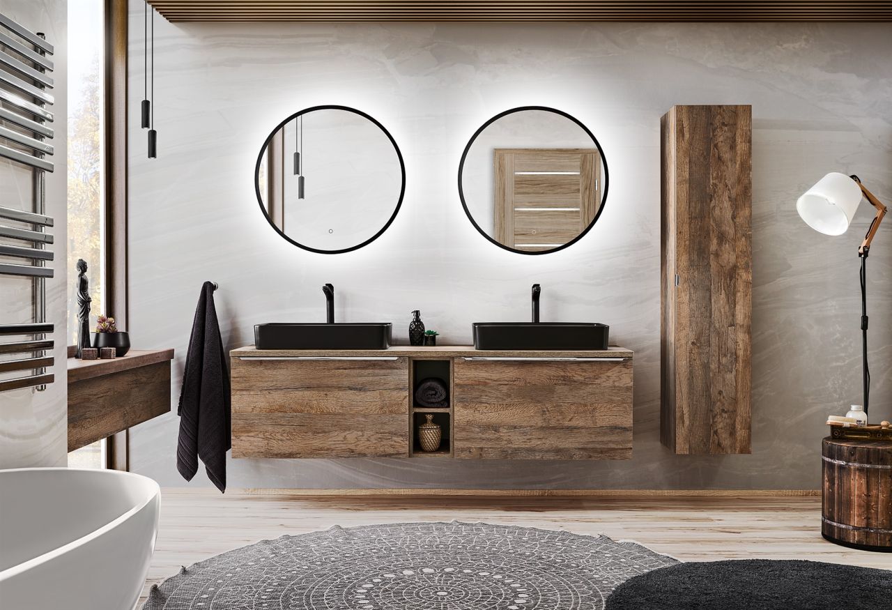 Badmöbel Set 8-tlg Badezimmerset AKAN Vintage Eiche Spiegel 80cm inkl Waschtisch