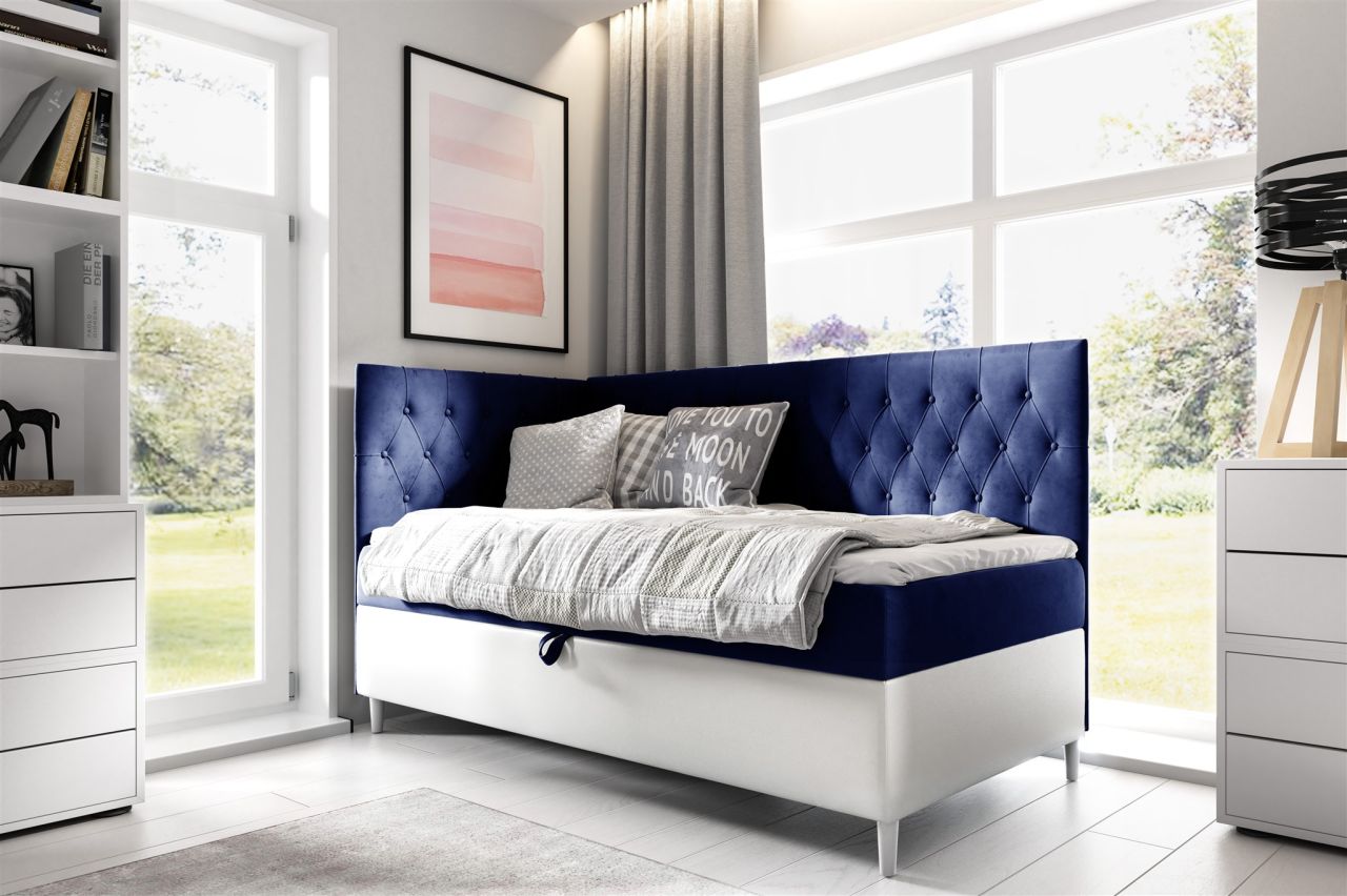 Boxspringbett Gästebett Kinderbett FINJA Nr.3 80x200cm Weiss-Blau Seite Links