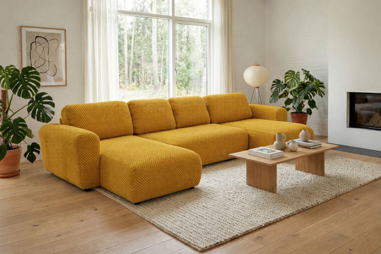 Wohnlandschaft mit Schlaffunktion BRUSK Sofa in Stoff Pop Honiggelb