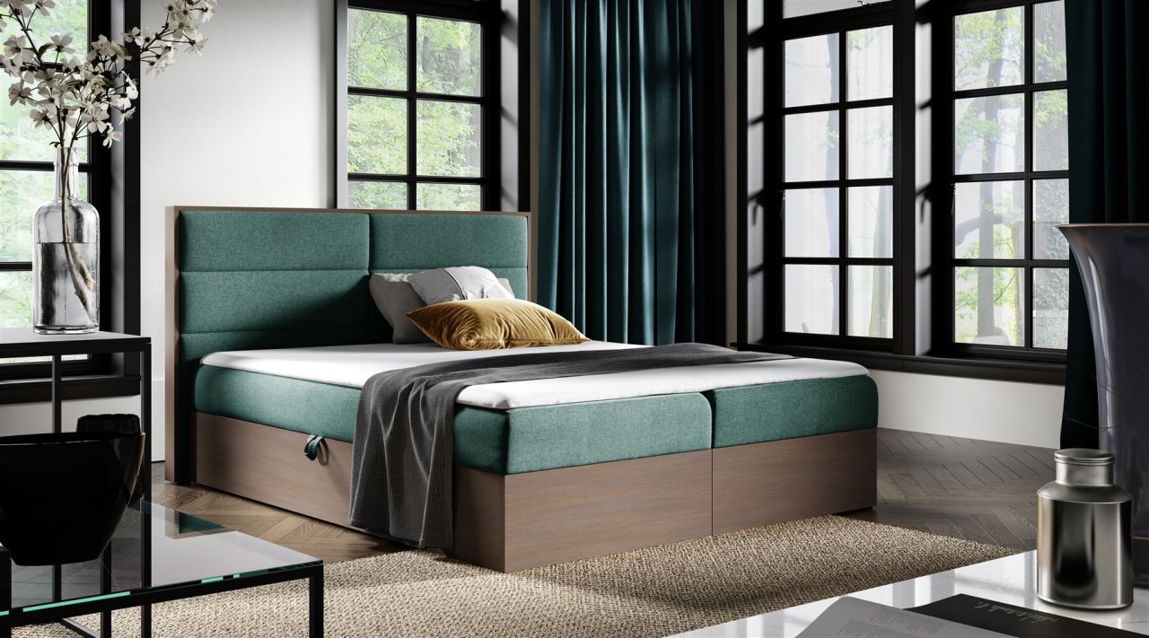 Boxspringbett Bett LAMBROS 200x200cm Dunkel Eiche Stoff Grün inkl. Bettkasten