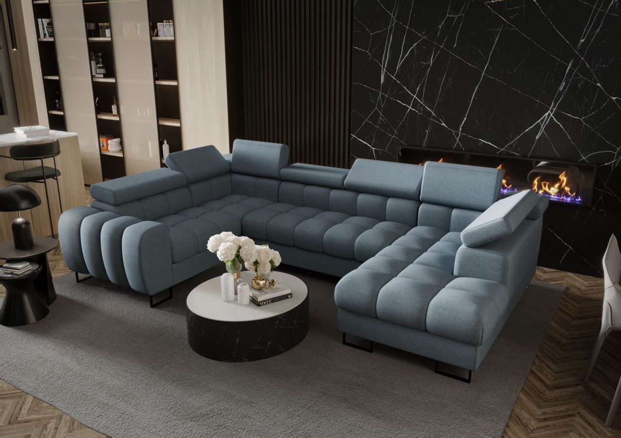 Wohnlandschaft Schlafsofa BASTIEN in Stoff Terra Türkis Ottomane Rechts