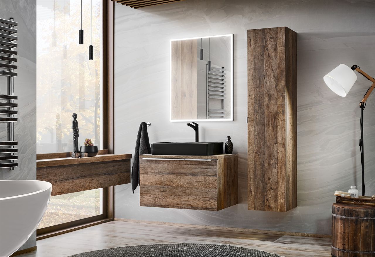 Badmöbel Set 3-tlg Badezimmerset AKAN Vintage Eiche Spiegel ohne Waschtisch