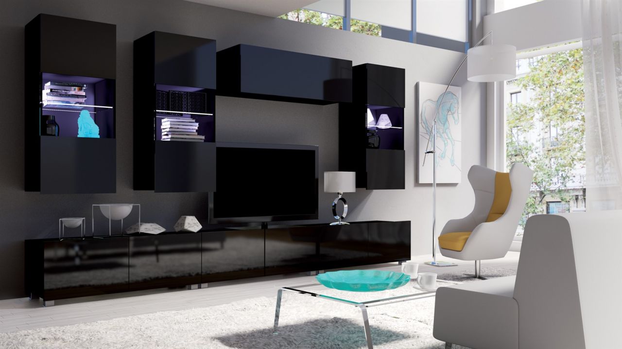 Mediawand Wohnwand 7 tlg - LABRI 11 - Schwarz Hochglanz