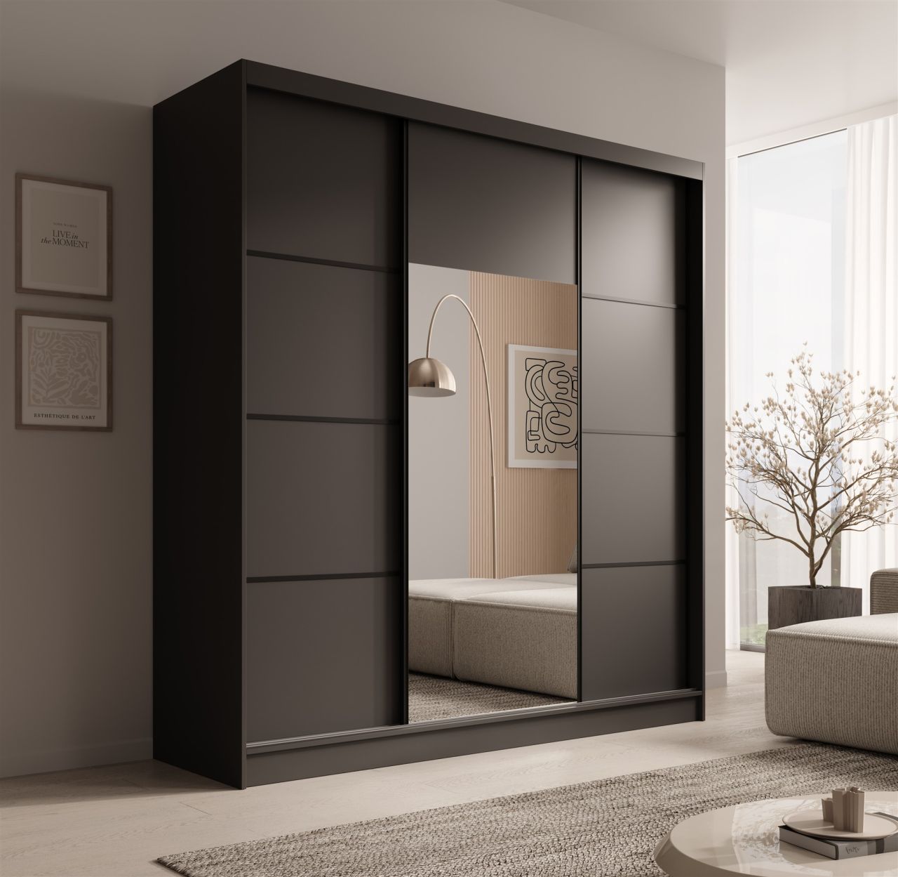 Schiebetürenschrank Schrank ALFA in Schwarz- Tür Applikation Schwarz 200x215x...