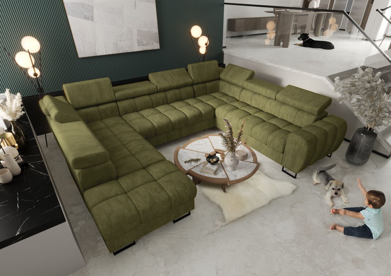 Wohnlandschaft Schlafsofa BASTIEN XL in Stoff Terra Mintgrün Ottomane Links