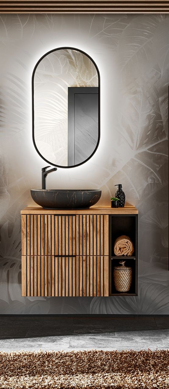 Badmöbel Set 4-tlg Badezimmerset ARMON Wotan Eiche Schrank 80cm inkl. Waschtisch