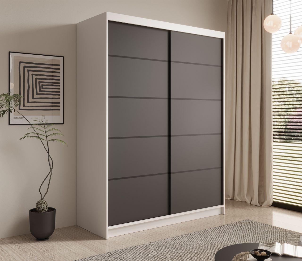 Schiebetürenschrank Schrank CALNT Weiß- Schwarz matt 150x200x58 cm